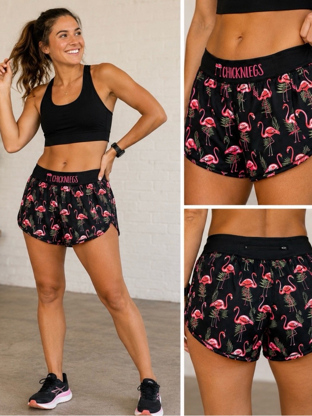 Chicknlegs Flamingo Print Running Split Shorts Tropical Palm Black Pink Size M